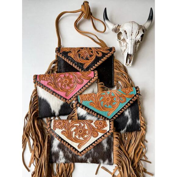 Cassie Western Tooled Leather Cowhide Fringe Crossbody Turquoise - Picture 2 of 5